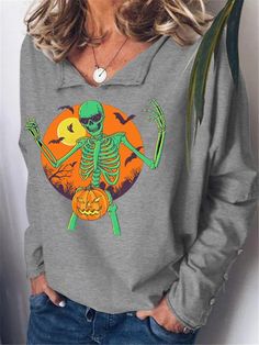 Halloween Casual Long Sleeve Sweatshirt Spooky Long Sleeve T-shirt With Cartoon Print, Fall Skull Print Long Sleeve T-shirt, Halloween Cartoon Print Tops For Streetwear, Long Sleeve Halloween Streetwear Top, Long Sleeve Skull Print T-shirt For Fall, Cartoon Print Tops For Halloween Streetwear, Long Sleeve Tops For Halloween Streetwear, Halloween Long Sleeve T-shirt With Skull Print, Spooky Skull Print Top For Fall