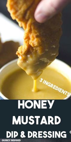 a person dipping some kind of food into a bowl with honey dip in it and the words creamy & tangy mustard on top