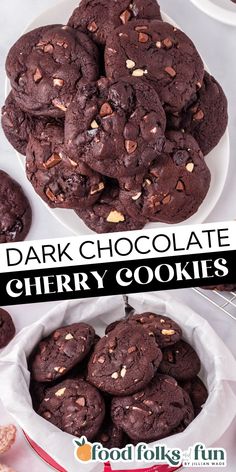 chocolate cookies are stacked on top of each other in a white bowl with the words, dark chocolate cherry cookies