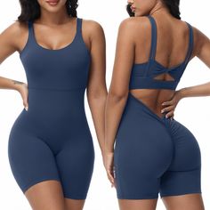 PRICES MAY VARY. 【STRETCHY FABRIC】The womens jumpsuits is made of high stretchy material. Soft, skin-friendly, breathable, and moisture wicking. The 4-way stretch promotes compression and butt lift, provides support to the upper leg muscles and reduce muscle vibrations. 【INTEGRATED DESIGN】This womens romper features a scrunch butt, sleeveless, V back, back knotted, scoop neck, shorts and skinny fit. This womens jumpsuits features a hip-shrinking design that shapes and lifts your booty and enhanc Fitted Backless Workout Bodysuit, Blue Compressive Bodysuit For Workout, Moisture-wicking Solid Color Jumpsuits And Rompers For Workout, Moisture-wicking Solid Color Gym Jumpsuit, Sports Jumpsuits And Rompers With Built-in Bra And Stretch, Workout Bodysuit, Yoga Short, Bodycon Outfits, Womens Bodysuit