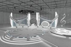 an artistic rendering of a futuristic building with music notes on the walls and flooring