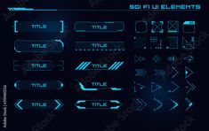 a set of neon blue and black arrows on a dark background with the text soi lu elements