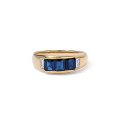 A classic beauty, this vintage yellow gold ring features over 3 carats of blue sapphires and diamonds and will add a touch of timeless elegance to your look. Available in 18K Yellow Gold Available in a size 6.5 Ring can be resized between sizes 5.5-7.5 for an additional fee. Please contact our team at info@stephaniegottlieb.com for more information. Blue Sapphire weight = 3 carats total, 1 carat per stone Diamond weight = 0.31 carats Diamond quality = FG color, VS clarity Origin = Germany Estima Luxury Everyday Yellow Gold Sapphire Ring, Cute Engagement Rings, Sapphire And Diamond Ring, Diamond Cocktail Rings, Band Bracelet, Diamond Shop, Yellow Gold Ring, Bracelet Collection, Classic Beauty