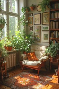 a living room filled with lots of plants next to a window covered in bookshelves