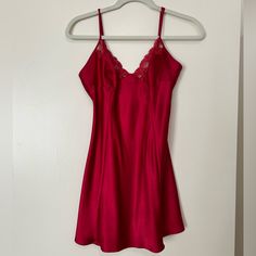 Perfect Condition Only Worn Once Beautiful Rich Red Color Size Small Red Fitted V-neck Slip Dress, Red V-neck Mini Dress For Daywear, Red Sleeveless Mini Dress For Daywear, Red V-neck Slip Dress For Date Night, Chic Red Mini Dress For Daywear, Red Mini Dress For Daywear, Red Satin Slip Dress For Spring, Feminine Red Mini Dress For Evening, Feminine Red Sleeveless Mini Dress