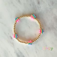 Striped Rainbow Star Bead Stackable Bracelet | 14kt Gold Filled Beads Trendy Jewelry Ideas, Big Sister Bracelet, Clay Beads Bracelet, Heishi Bracelets, Blue Sapphire Bracelet, Preppy Bracelets, Balance Bracelet, Flower Girl Bracelets, Healing Gemstone Bracelets