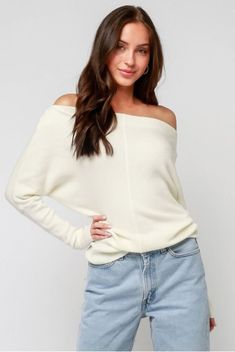 White Off-shoulder Fall Sweater, Casual One-shoulder Winter Top, Trendy Long Sleeve Off-shoulder Top For Fall, Trendy Fall Off-shoulder Long Sleeve Top, Spring Off-shoulder Sweater, Casual Soft Knit Off-shoulder Tops, Casual Off-shoulder Soft Knit Top, Oversized Off-shoulder Winter Top, Chic Off-shoulder Fall Sweater