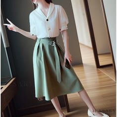 Lasaky - Fashionable Two-Piece Ensemble Combining Short-Sleeved Chiffon Blouse and Midi Skirt Dress Combo Dress, Half Skirt, Strapless Jumpsuit, Dress Set, Chiffon Blouse, Skirt Dress, Knee Length Skirt, Two Piece Dress, Chiffon Top