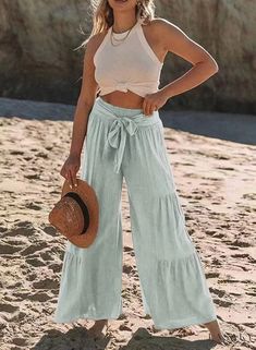 Lasaky - Chic Casual High-Waisted Wide-Leg Pants Flared Palazzo, Trendy Pants, Loose Trousers, High Waist Fashion, Beach Pants, Linen Style, Shopping Ideas, Pantalon Large, Loose Pants