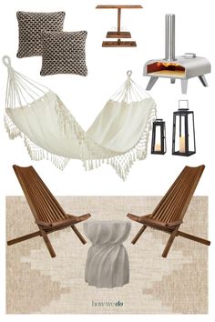 a collage of furniture and accessories including a hammock, chair, table, lamp