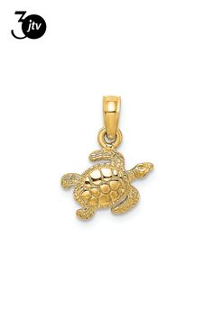 a gold turtle charm on a white background with the word jtv written below it