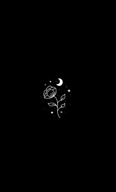 a black and white drawing of a rose on a dark background with the moon in the sky