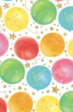 an image of colorful balloons and stars on a white background for wallpaper or fabric