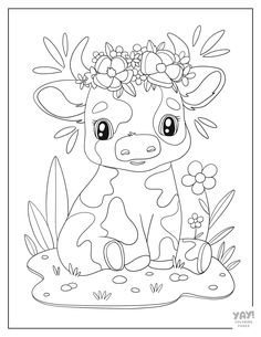 a cartoon cow with flowers on its head sitting in the grass coloring pages for kids