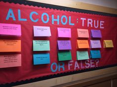 a bulletin board with notes on it and alcohol true or false? written on it