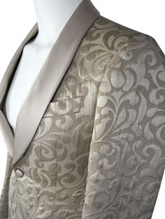 Champagne Oro Designer Paisley Fabric Woven In France Satin Signature Shawl Lapel Single Button Closure Soft, natural shoulder construction Chest Barchetta Pocket Dual Vents Satin covered buttons Handmade in any size! Includes a Sebastian Cruz Couture Pocket Square of your choice! All of our jackets are made with 4" extra of fabric to ensure you don't have to send it back to us if its too small or too big. You can tailor your jacket 2 sizes bigger and/or smaller if needed. We guarantee your sati Paisley Jacket, Dinner Jacket, Paisley Fabric, Build A Wardrobe, Extra Fabric, Soft Natural, Wedding Looks, Covered Buttons, Pocket Square