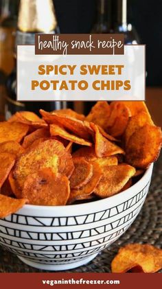 a bowl full of spicy sweet potato chips with the title overlay reads healthy snack recipe