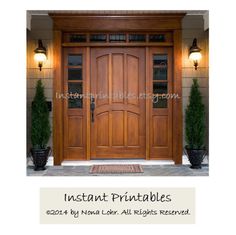 a wooden front door with glass panels