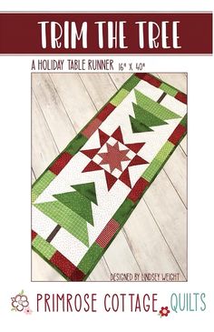 the christmas tree table runner is shown in red, green and white with text that reads trim the tree