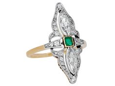 Centering upon a bezel-set square emerald, flanked by two marquise shape diamonds, set in the pierced, navette shaped diamond ring top, in platinum over 18K gold. Marquise Emerald Ring With Center Stone, Fine Jewelry Marquise Emerald Ring With 17 Jewels, Marquise Diamond Emerald Ring With Center Stone, Marquise Emerald Diamond Ring With Center Stone, Elegant Marquise Emerald Ring With Diamond Accents, Marquise Emerald Ring For Formal Occasions, Marquise Shape Diamond, Jewellery Marketing, Emerald Ring