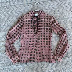 Brand New, Never Worn, Ended Up Being Too Small On Me. The Size Tag Says 26 / 40 And I Assumed This Was A Eur 40 But This Is Much Smaller. I'm Guessing This Is A Xxs. I Cannot Make Out The Fabric On The Tag, Looks To Be Faded But Feels Like Polyester. Dusty Rose With Black Polka Dots, Pleating Detail Down The Front, Lace Color, And The Ribbon Around The Neck Is Black Velvet. Armpit To Armpit 16.5" Shoulder To Bottom 24.5" Shoulder To Sleeve-End 25" 100% Authentic. Designer Pink Formal Blouse, Designer Pink Workwear Blouse, Designer Pink Blouse For Work, Designer Pink Top For Formal Occasions, Designer Pink Blouse For Party, Feminine Polka Dot Party Blouse, Polka Dot Blouse, Black Polka Dot, Dusty Rose