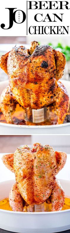 two pictures of chicken with sauce in the middle and on the bottom, there is an image of a whole chicken that has been cooked