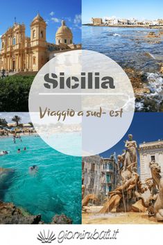 the collage of pictures shows different places in siclia, venice and other countries