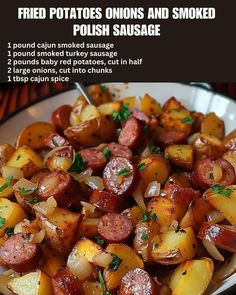 a white plate topped with potatoes and sausages next to a recipe for fried potatoes onions and smoked potatoes