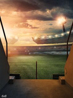 Large Stadium Entrance Photography Backdrop - A large stadium entrance photography backdrop with a sunset view and green field Stadium Entrance, Tunnel Entrance, Bathtub Photography, Stadium Lights, Portable Backdrop, Sports Theme Birthday, Stone Photography, Stadium Lighting, Green Field