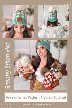 a woman is holding two knitted mitts and one has a pom - pom