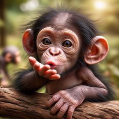 a baby monkey sitting on top of a tree branch with its hands in the air