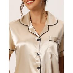 This 2-piece sleepwear set, featuring a short-sleeved top and shorts, is ideal for loungewear, nightwear, and daily wear at home. Made from soft, breathable pure satin, it offers an exceptional wearing experience. Whether you enjoy cozy bedtimes, relax at home, spend a lazy afternoon, or unwind in a bath, this lightweight women's pajama set is the perfect companion. It also makes a wonderful gift for your mom, wife, daughter, girlfriend, or friends. These casual lounge sets are excellent choices Button Down Shirt With Shorts, Satin Button Down Shirt, Shorts Sleepwear, Satin Pj Set, Lazy Afternoon, Cute Sleepwear, Night Dress For Women, Short Pj Set, Casual Home