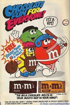 an advertisement for m & m's chocolates with cartoon characters on the front