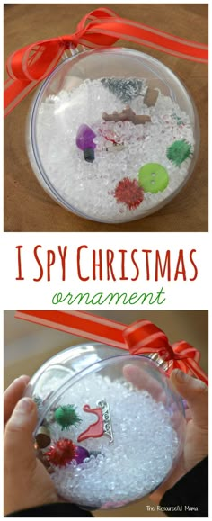 two pictures with the words i spy christmas ornament on them and an image of snow in a bowl