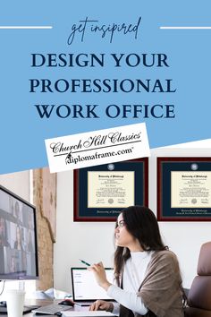 a woman sitting at a desk in front of a computer with the title get inspired design your professional work office