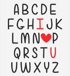 the alphabet is drawn with black and red ink on a white background, it has an image of a heart