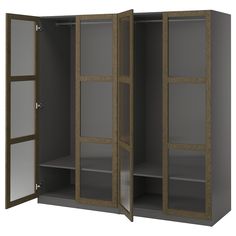 an open cabinet with two doors and shelves on each side, showing the bottom section