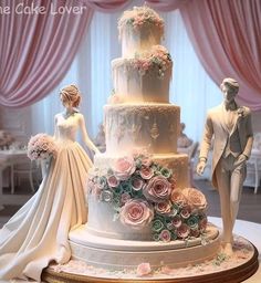 a wedding cake with two bride and groom figurines next to it on a table