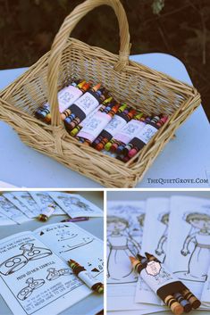 a basket filled with lots of different items on top of a table next to papers and pens