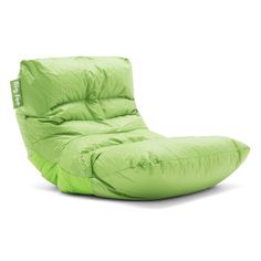 a lime green bean bag chair sitting on top of a white floor next to a wall