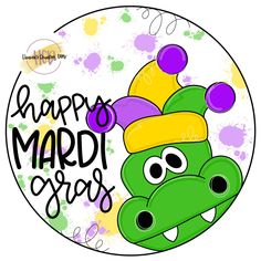 a happy mardi gras cartoon character wearing a yellow and purple hat with the words happy mardi gras on it