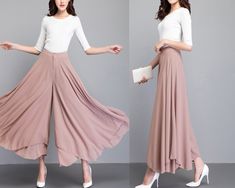 * A pair of chiffon cropped pants, wide leg hem, like a skirt.  * Lightweight high quality chiffon fabric, fit for summer. * We can custom make the size and length, if you need custom make, please let us know, thanks. * Materials: hight quality pearl chiffon(100% polyester) Shop sizing chart FYI ( actual body figures, not laying flat clothes measurements) Size XS (US 2, UK 6, German 32, French 34) Bust: fits bust around 33.5 inches/85cm Waist: fits waist around 26 inches/66cm Hips: fits hips aro Pink Chiffon Bottoms For Spring, Pink Flowy Wide Leg Bottoms, Elegant Flowy Pink Bottoms, Pink Chiffon Long Skirt, Elegant Pink Flare Bottoms, Wide Leg Chiffon Bottoms, Wide Leg Pants Summer, Wide Leg Culottes, Flowy Wide Leg Pants