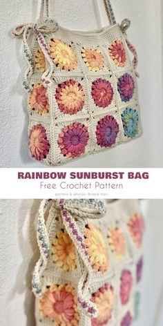 a crocheted bag hanging from the side of a wall with text overlay reading rainbow sunburst bag free crochet pattern