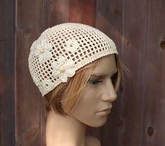 Cream color linen crochet net-like hat, 7 crochet flowers, made from viscose yarn, are sewed on, two large wooden beads are sewed in the middle of largest flowers.  Common chemical compositions of materials : 90 % linen, 10 % viscose. Size 55 - 57 cm (21 1/2 - 22 1/2 in.), depth from ear to ear 37 cm (14 1/2 in.). Crochet Net, Hat Cream, Summer Cap, Etsy Ideas, Floral Hat, Women Hat, Hat Summer, Crochet Hat, Caps For Women