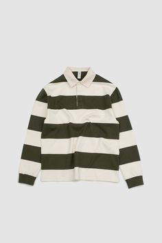 Modeled on vintage rugby styles this polo shirt is cut from super soft organic cotton with a stripe pattern and contrasting ribbed collar. Rugby Fashion, Perfect White Tee, Rugby Polo, Mens Henley, Big Design, Margaret Howell, Designer Clothes For Men, Engineered Garments, Stripes Pattern