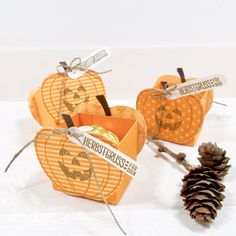 three pumpkin shaped boxes are sitting next to a pine cone