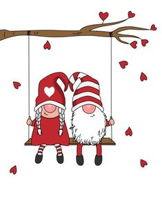 two gnomes are sitting on a swing with hearts hanging from the tree branch and one is wearing a santa claus hat