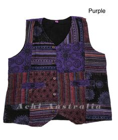 Cotton Vest With Patch Pockets For Fall, Purple Patchwork Cotton Outerwear, Cotton Patchwork Vest For Festivals, Cotton Festival Tops With Buttons, Festival Cotton Tops With Buttons, Spring Cotton Vest With Patch Pockets, Hippie Sleeveless Cotton Vest, Fitted Cotton Vest For Festivals, Sleeveless Patchwork Outerwear For Summer