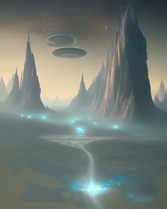 an alien landscape with mountains and flying saucers