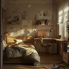 a bed sitting in a bedroom next to a desk